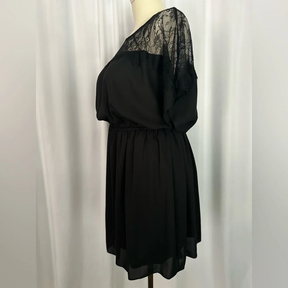 Maitai Black Lace Yoke Chiffon Dress | Elastic Waist | Short Sleeve (1160-6)